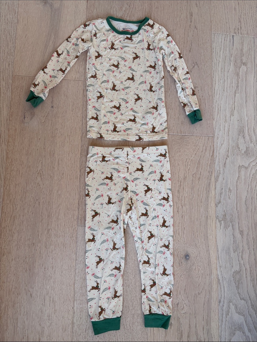 Magnetic Me Cream Reindeer Pajama Set with Green Trim